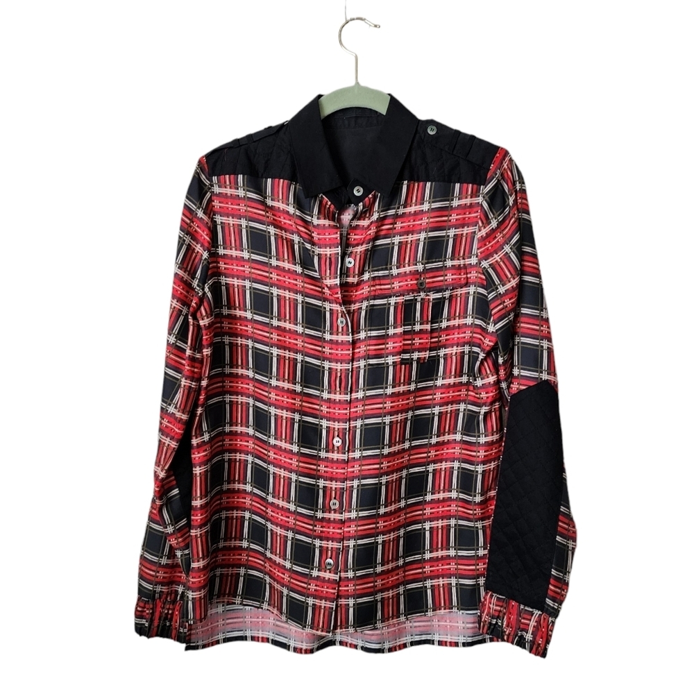 L.A.M.B GWEN STEFANI silk plaid button up shirt in red black size‎ 2